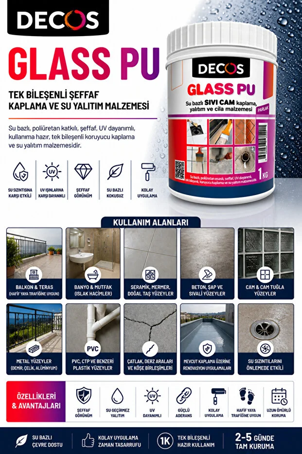 Glass Pu 1 Kg- Şeffaf Güçlü Kokusuz Su Yalıtım Malzemesi 1 Kg